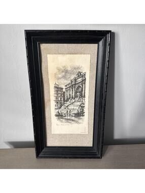 Vintage Dry Point 1950-60s Etching Of Trevi Fountain Framed And Artist Signed